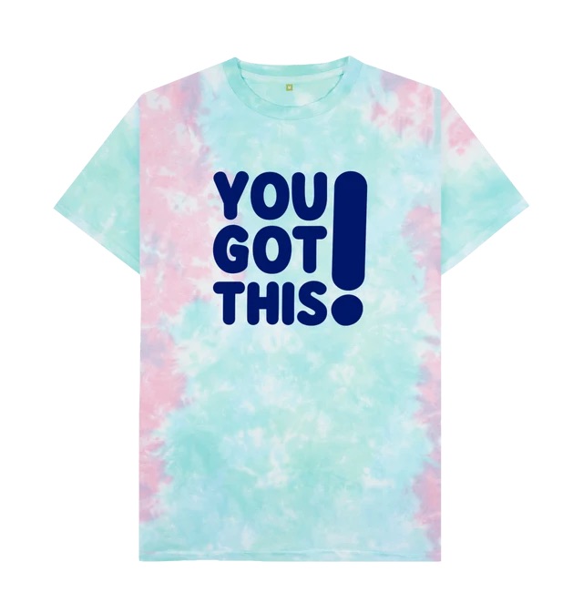 Light blue and pink tie dye t-shirt with large navy You Got This logo across the chest.